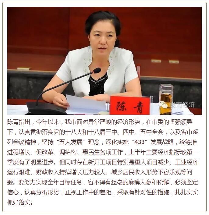 陳青在市政府全體會議上強(qiáng)調(diào)：緊盯一個目標(biāo)抓好九大任務(wù)落實強(qiáng)化三項保障，確保全市經(jīng)濟(jì)社會持續(xù)快速發(fā)展